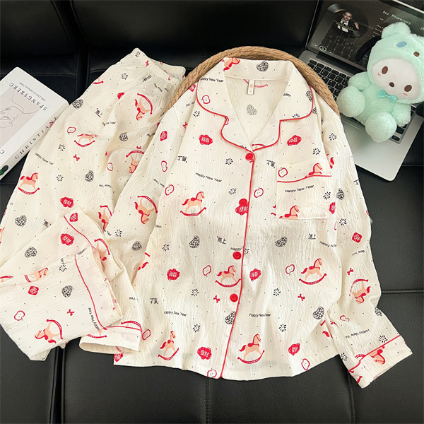 Al por mayor transfronterizo 2026 nuevo pijama de mujer nubes de algodón pantalones de manga larga cardigan con solapa de dibujos animados ropa para el hogar se puede usar fuera