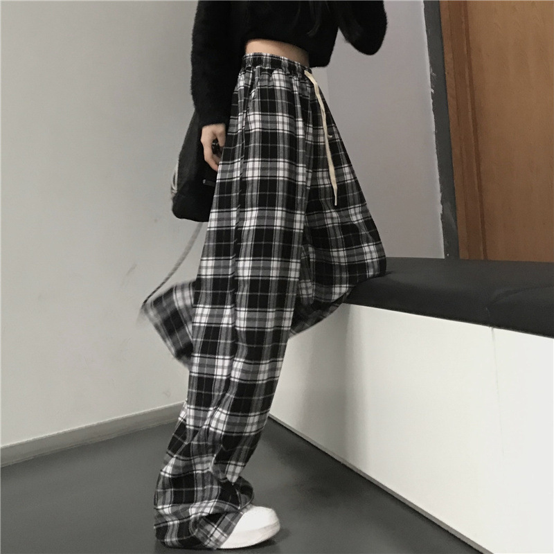 Plaid pants women's summer loose straight pants Plaid small Japanese black and white wide-leg pants women's high waist drape