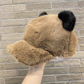 鸭舌帽女冬季可爱仿貂毛熊猫耳朵帽子大帽檐显脸小保暖毛绒保暖