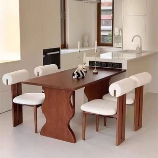 French-Style Retro Dining Table Solid Wood Dining Chair Set for Home Use, Multi-Purpose Rectangular Ripple Designer Ash Wood for Small Spaces