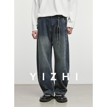 亦止『蓝棱』美式潮牌水洗做旧牛仔裤男秋季新款直筒宽松长裤子
