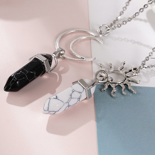 2 packs of new European and American cross-border retro sun and moon natural stone hexagonal column crystal couple jewelry necklaces