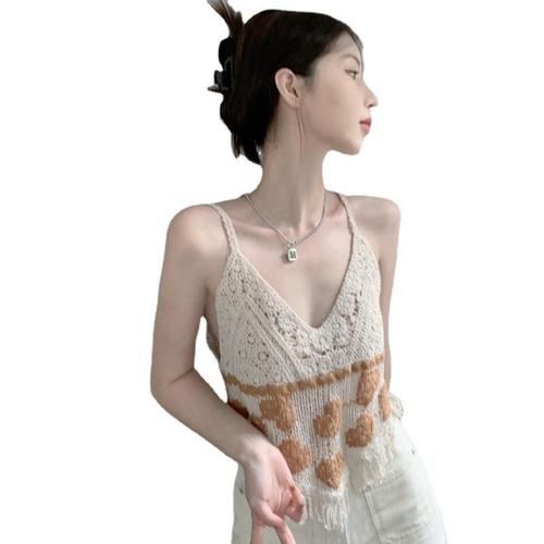 Ethnic Style Knitted Hollowed-out Suspender Top Women's Design Sense Tassel V-Neck Retro Outerwear Shortlet