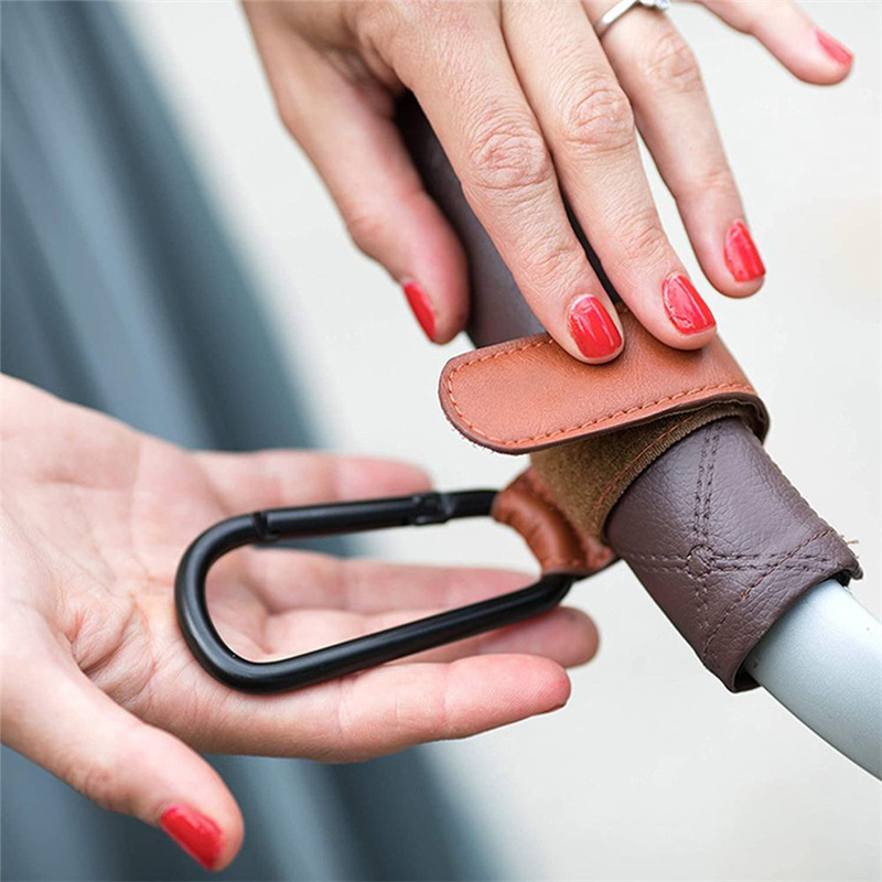 PU Leather Baby Carriage Hook Child Seat Handle Hook Portable Carabiner Velcro Baby Stroller Hook