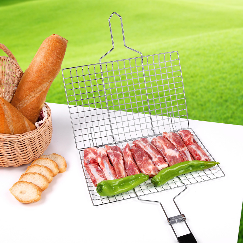 BBQ Grilling Tools Stainless Steel Grilling Mesh Household Fish Clip Square Grilling Grid Wooden Handle Grilling Rack Sheet Grilling Basket