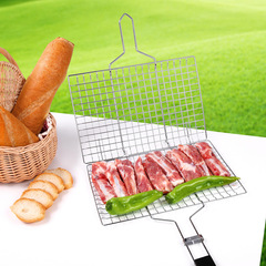 BBQ Grilling Tools Stainless Steel Grilling Mesh Household Fish Clip Square Grilling Grid Wooden Handle Grilling Rack Sheet Grilling Basket