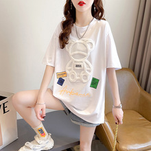 大版白色短袖T恤女夏季韩版美式复古卡通小熊宽松中长款半袖上衣