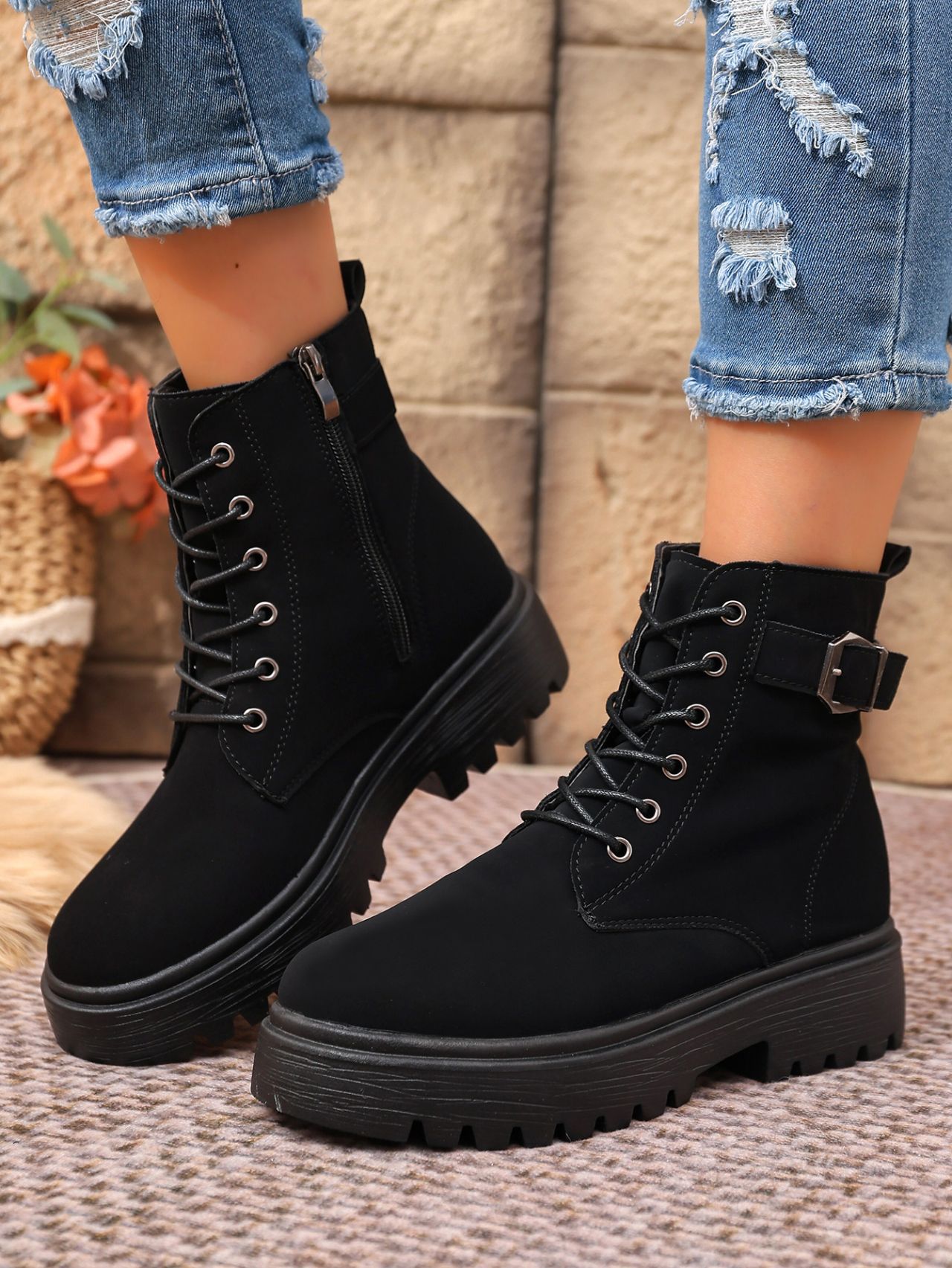 Women's Round Toe Ankle Boots With Side Zipper And Belt Buckle_voghion.com