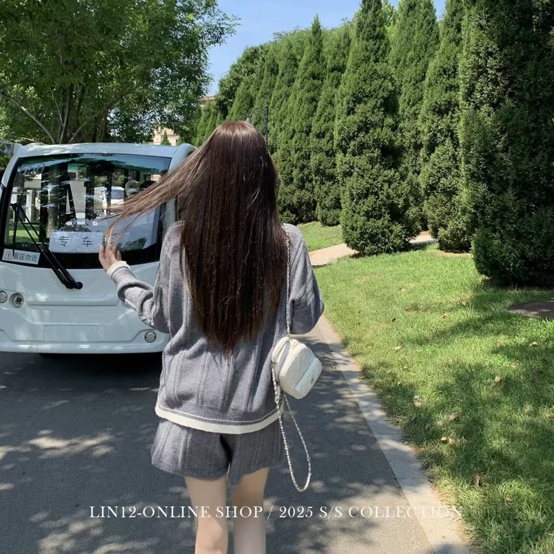 Lin12-懒人毛衣套装 polo领针织衫女v领慵懒风宽松毛衣短裤两件套|undefined