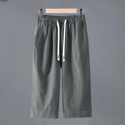 High-end pure color linen men's over-the-knee triceps summer breathable linen fabric mid-pants ramie horsepants short pants