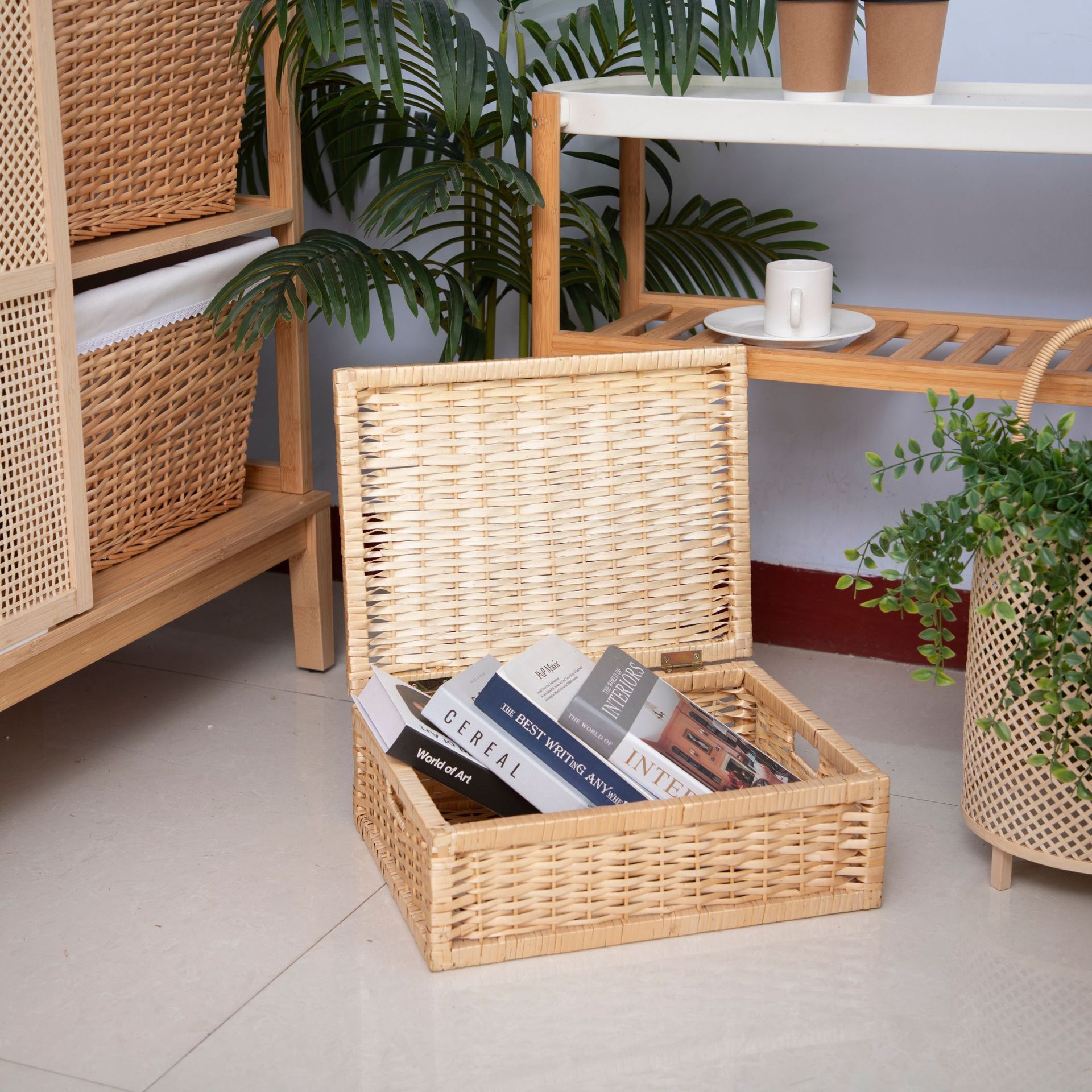 Cesta de almacenamiento de ratán personalizada Cesta de almacenamiento rectangular con tapa Caja de almacenamiento de mimbre para el hogar Cesta de almacenamiento de acabado