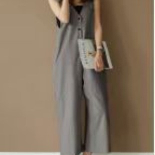 in stock Solid Color V-neck Jumpsuit 2024 Summer New Japanese Style Elegant Loose Single-breasted Strap Trousers for Women