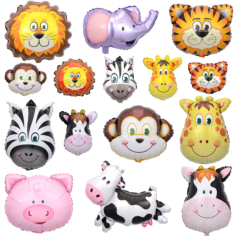 Venta caliente cabeza de animal película de aluminio globo tema de cumpleaños fiesta decoración de dibujos animados león cabeza de tigre papel de aluminio globo al por mayor