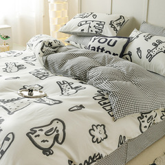ins black and white graffiti crocodile kitten bed four-piece set pure cotton cartoon 1.5 quilt cover sheet three-piece set