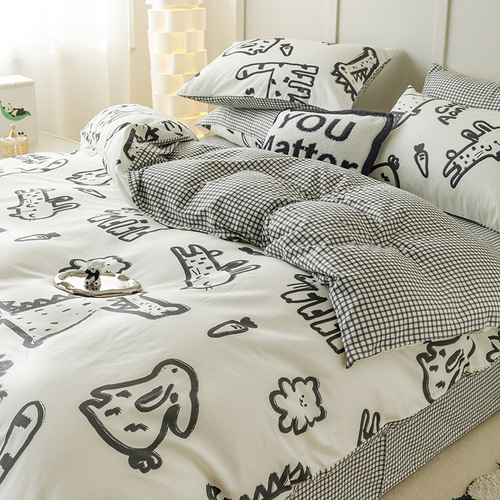 ins black and white graffiti crocodile kitten bed four-piece set pure cotton cartoon 1.5 quilt cover sheet three-piece set
