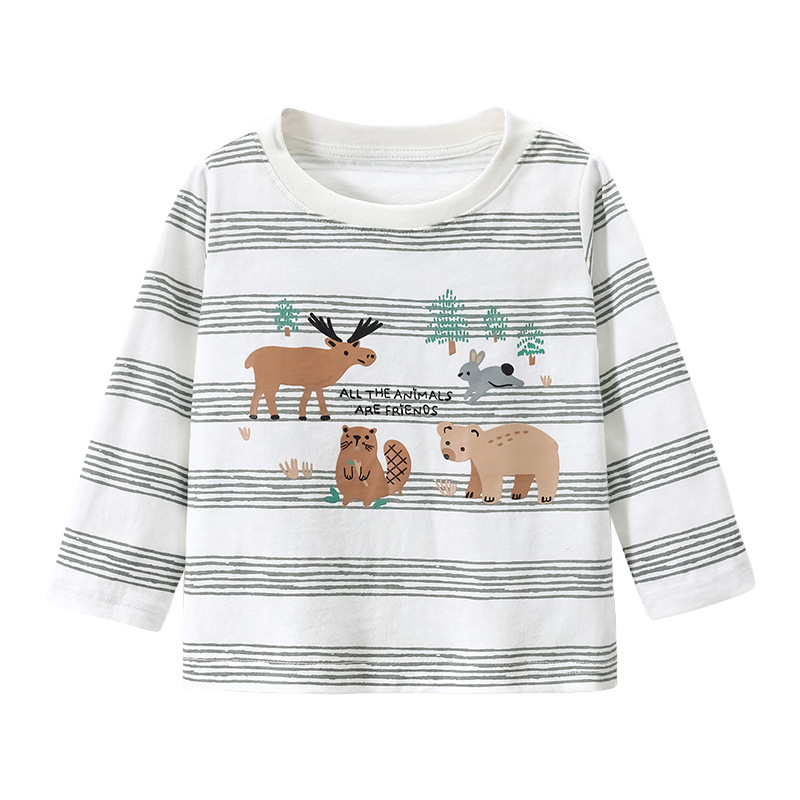 JOJOBEBE ropa infantil europea y americana otoño nueva camiseta de los niños algodón rayas impresas de manga larga camiseta de los muchachos cuello redondo
