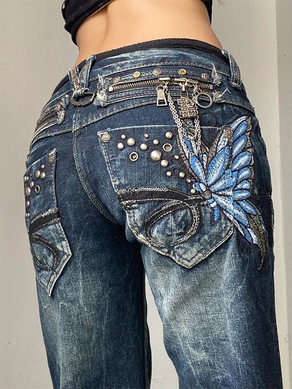 American High Street Style Plus-Size Heavy-Duty Butterfly Embroidery Jeans for Women Y2K Millennium Hot Girl Slimming Low-Waist Flared Pants