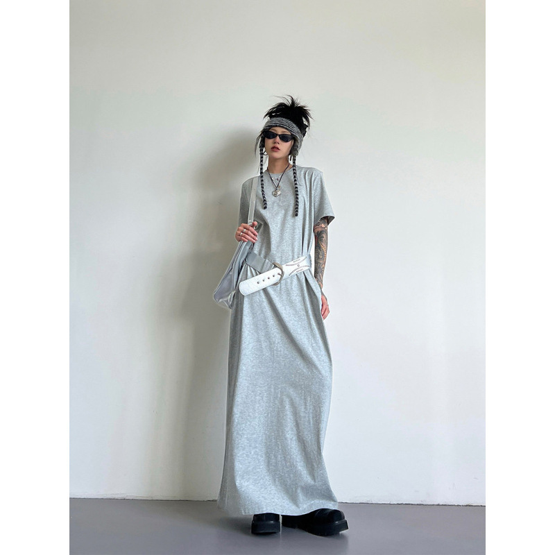 61035 # New Simple Solid Color Lazy Loose Ultra-Long Short-Sleeve Dress, Long Knit T-Shirt Dress