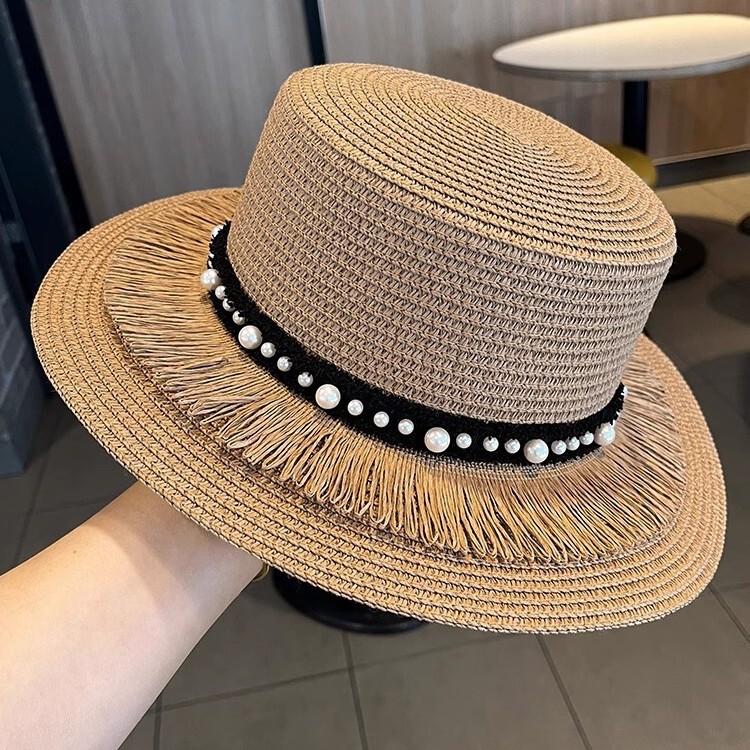 Flat Top Hat New Straw Hat Women's Summer Seaside Beach Hat Sunshade Hat Big Brim Hat Straw Retro French Style Hat