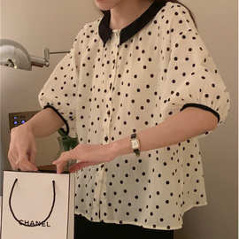 2022夏季减龄配色娃娃领波点短袖衬衫女韩版宽松单排扣娃娃衫上衣
