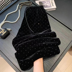 黒い金のベルベットの満天の星はドリルの広い足のズボンの女性のゆったりした気質の高い腰の洋風の垂れ下がった感じのストレートなズボンのズボンにアイロンをかけます。