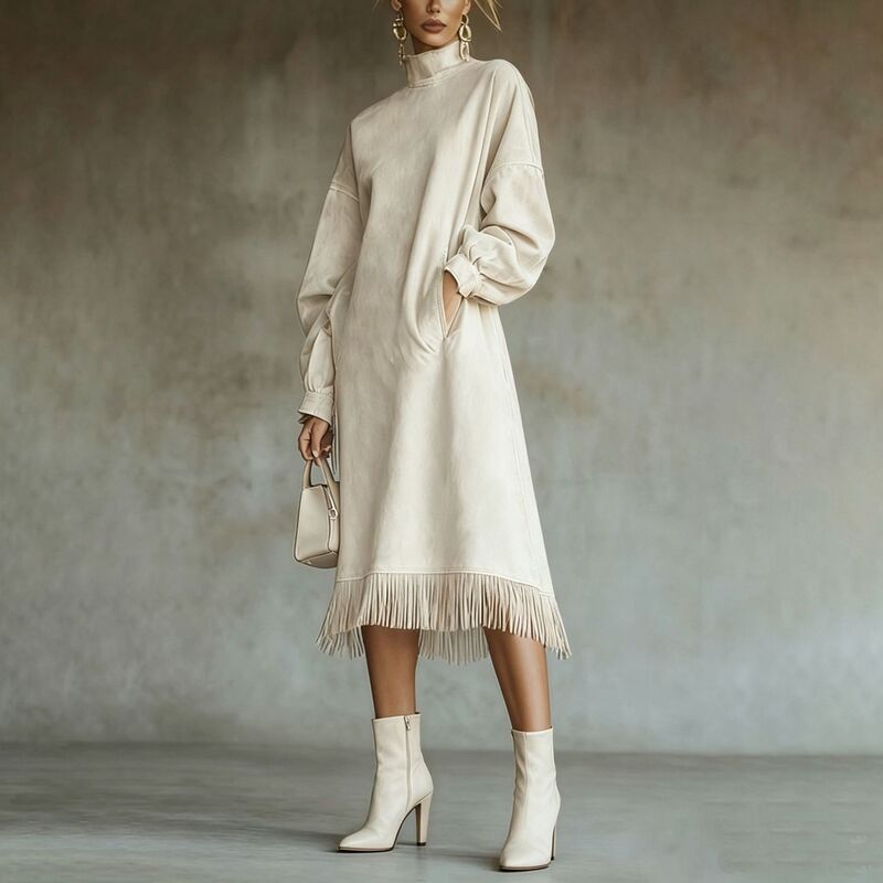 In-Stock European and American Cross-Border Women's Tassel Long-Sleeve Loose Long Dress with Pockets, High-Neck Suede Retro Dress