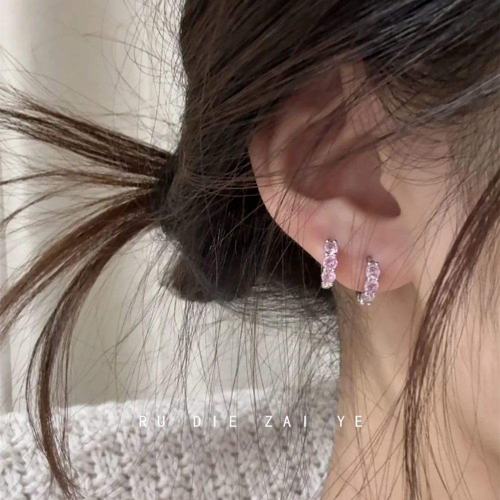 Kuning Colorful Zircon Earrings Double Ear Hole Hoops Super Sparkling Exquisite Versatile Niche Design Petite Earrings