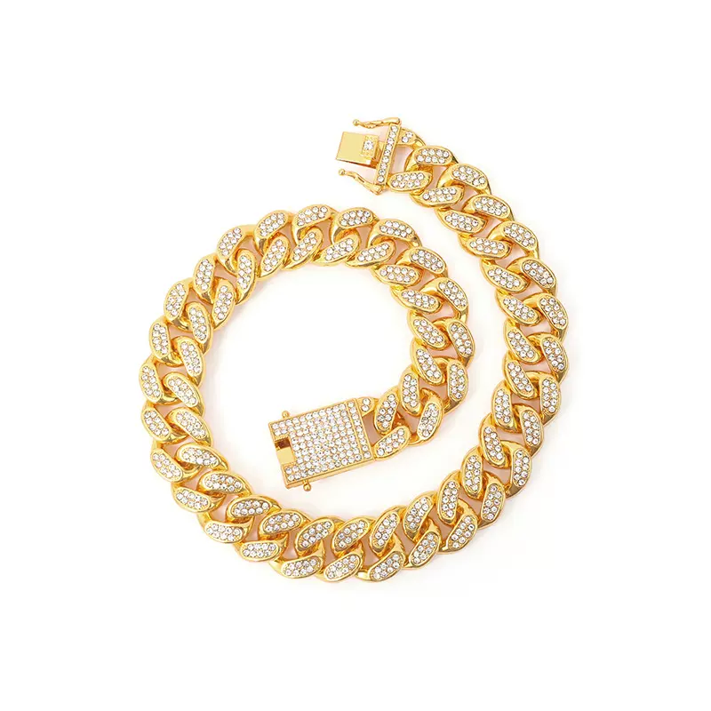 跨境嘻哈男士项链配件配饰20mm满钻线条夸张个性说唱水钻链古巴链