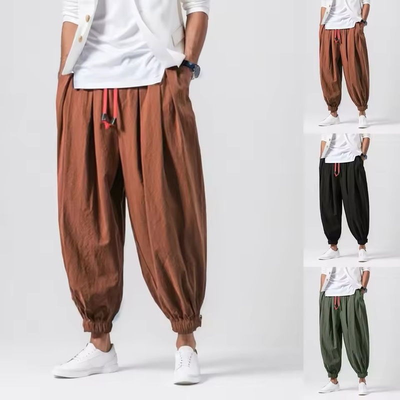 Summer New Men's Linen Lantern Pants Loose Cotton and Linen Jogger Pants Plus Size Trendy Wide-Leg Pants Harem Slim Pants
