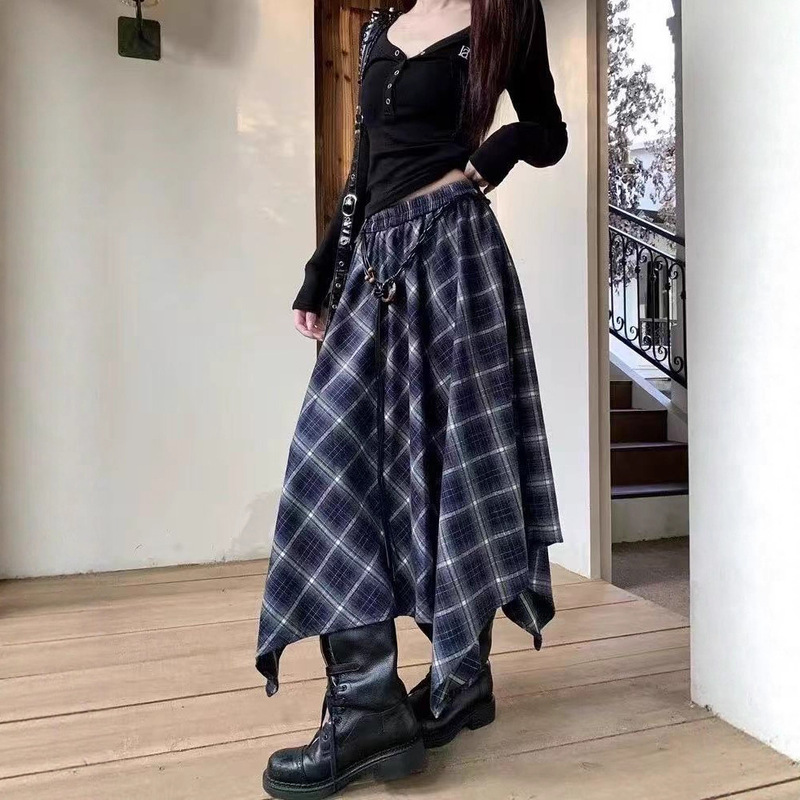 时尚复古格纹不规则半身裙女2025秋季新款系带高腰褶皱大摆裙ins|undefined