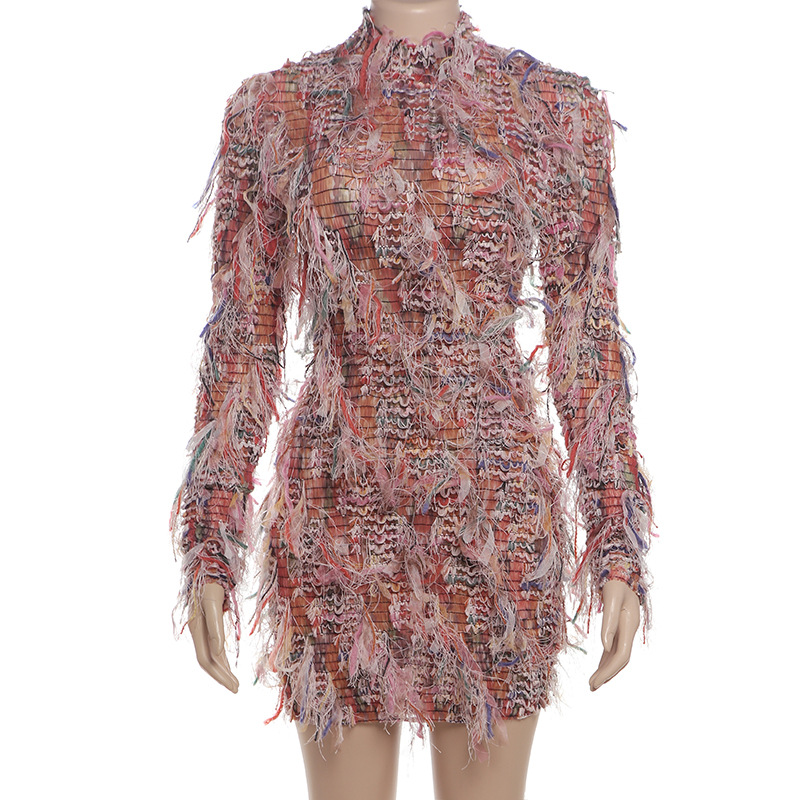 Colorful Fringe Long Sleeve Bodycon Dress Fresh and Sweet Style Autumn Fashion for Women Wholesale Available