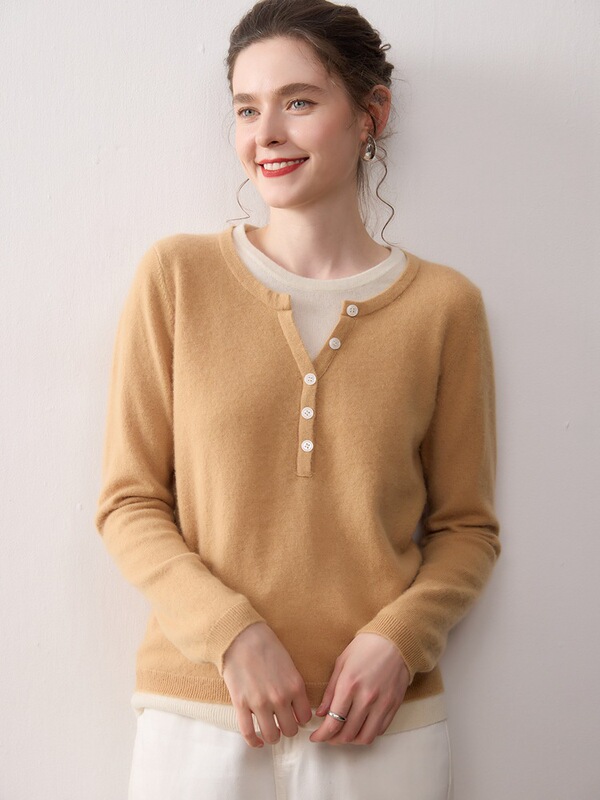 Women's Round Neck Top with Knitted Bottoming Shirt New Autumn and Winter Round Neck Fake Two-Piece Contrasting Cashmere Pullover Sweater