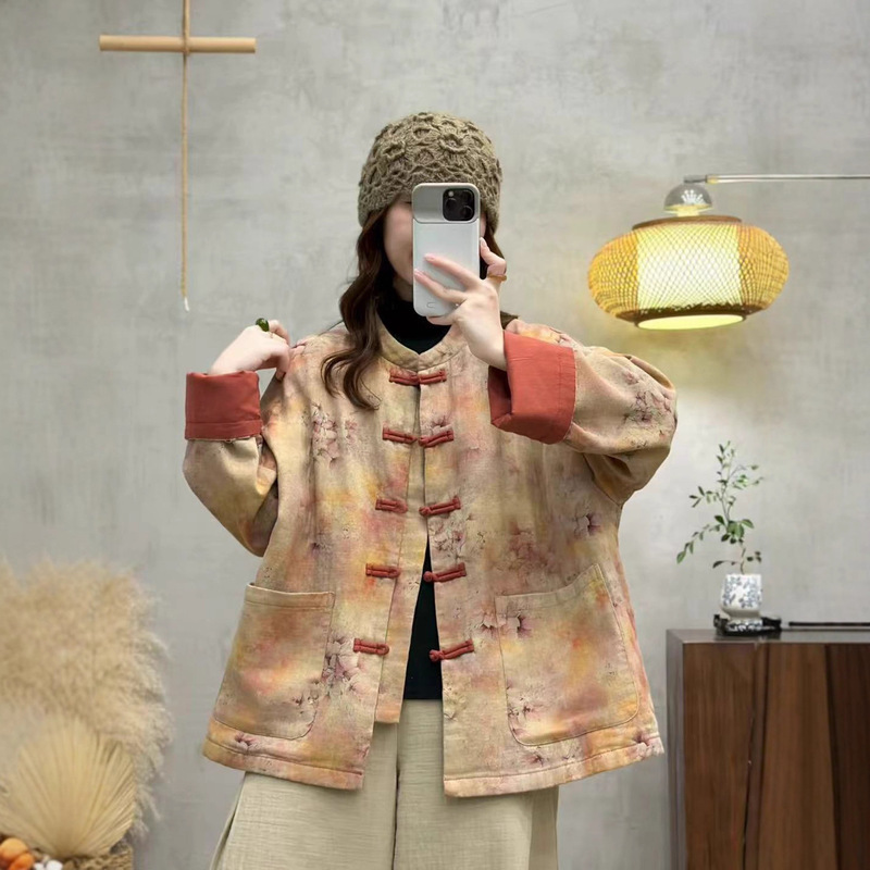 2025年秋季新款双层带里衬纯棉立领外套复古文艺印花撞色女式上衣|undefined