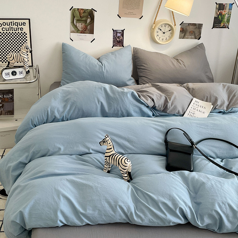 Simple and Soft Solid Color Four-Piece Bed Set, Washed Cotton Quilt Cover, Fitted Sheet, Bed Sheet, Student Dormitory Three-Piece Set Wholesale
