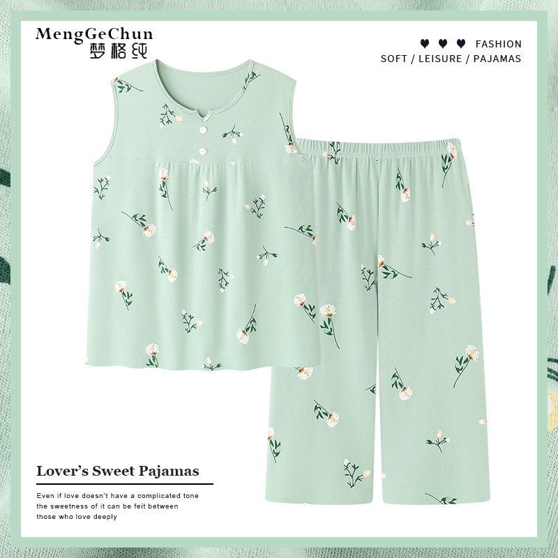 Summer Cotton Women's Pajamas Sleeveless Capri Pants Vest for Middle-aged Mothers Plus Size Home Clothes suit