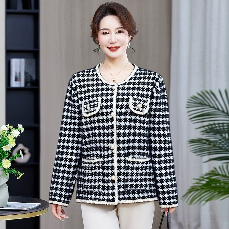 Средний и пожилой женский топ большого размера весна 2025 модный клетчатый маленький ароматный ветер большой размер пальто мамы