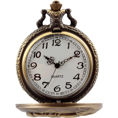 Large 12 Zodiac Creative Engraved Vintage Bronze Cuff Watch with Chain, Accompanied by a Small Quartz Watch with Hinged Cover