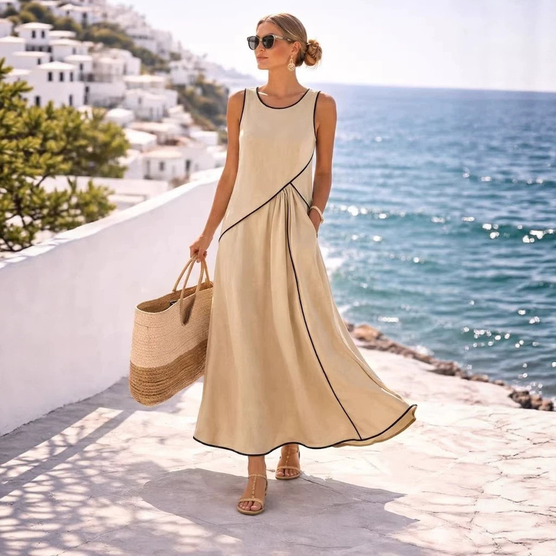 2026 European and American Cross-Border Summer New Women's Clothing, Mediterranean Resort Style Dress, Fashionable Sleeveless Contrast Color Hemmed Dress