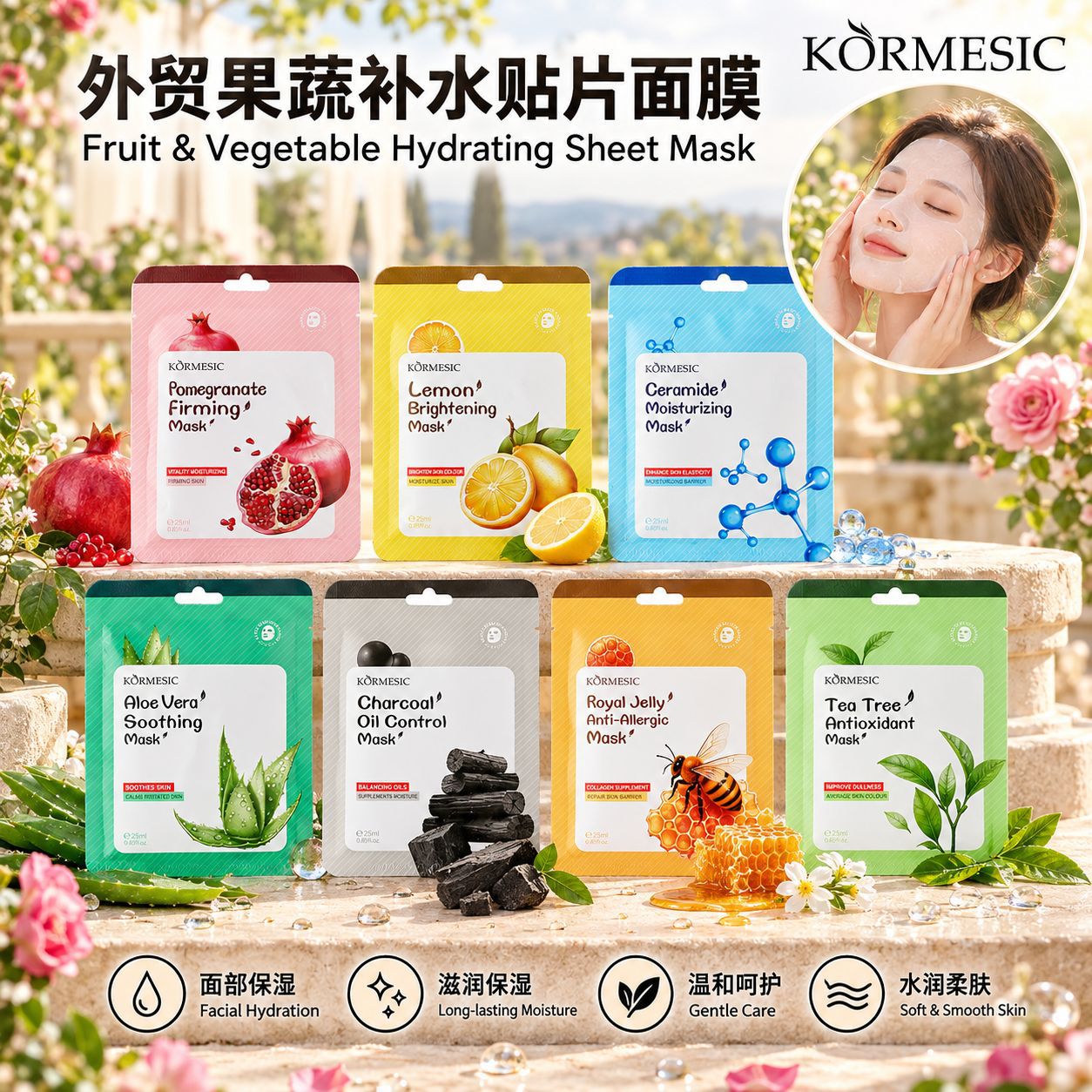 Kormesic Full English Version Facial Mask Facial Care Moisturizing Cross-Border Foreign Trade Manufacturer Wholesale