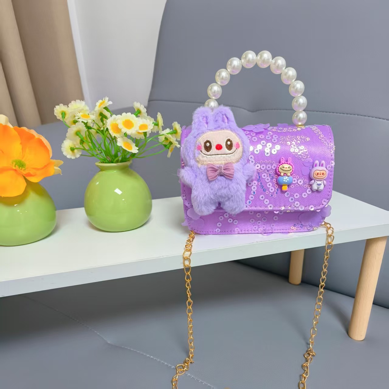 Niños perlas bolsos portátiles de princesa bolsos de cinturón de viento fragante bolsos de Año Nuevo de chicas bolsos de arco de cadena bolsos pequeños