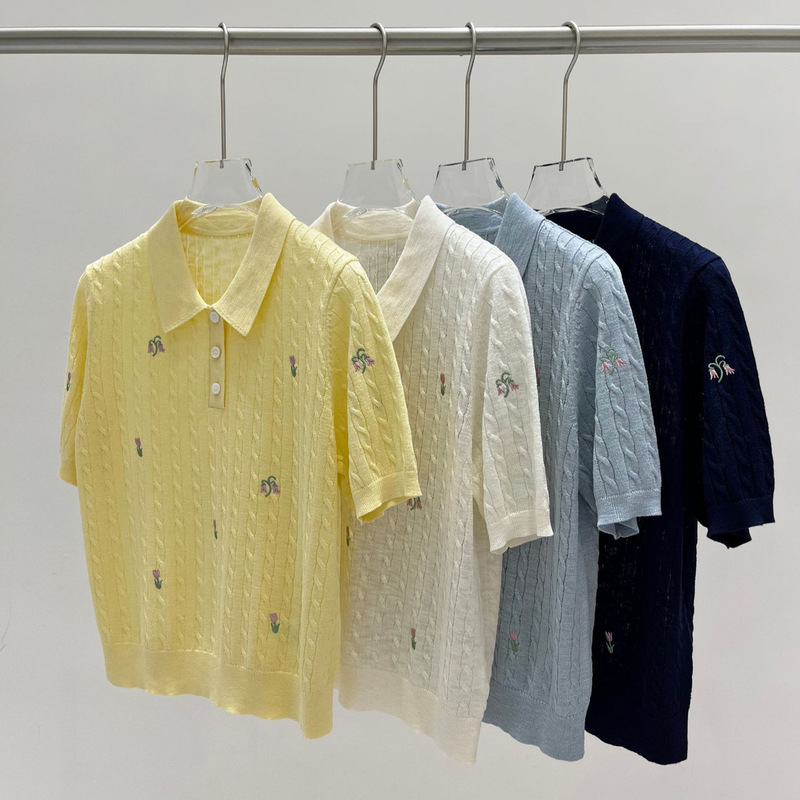 Cool Linen Feel Duplex Fine Twist Embroidered Tulip Knitwear Lightweight Polo Lapel Short-Sleeved Top