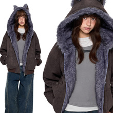 可爱耳朵座山雕毛领棉服女秋冬季宽松复古毛茸茸连帽加厚棉衣外套