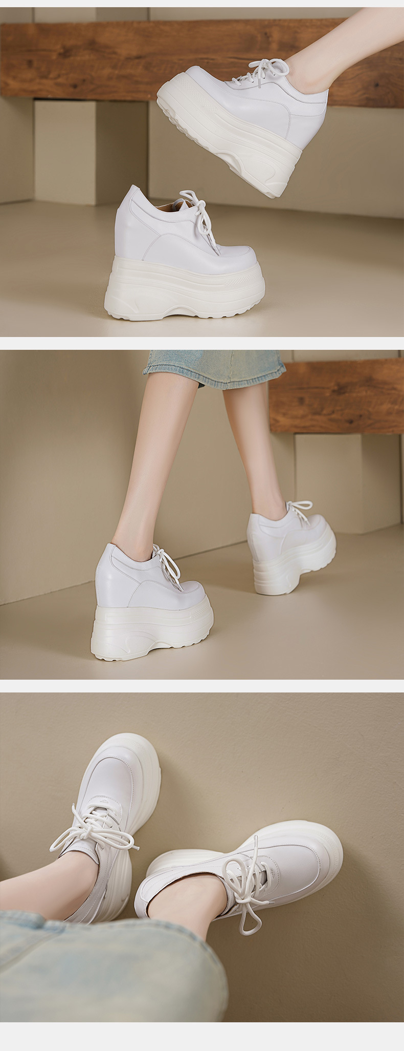 Giày sneaker nữ chunky đế dày da bò tăng chiều cao phong cách thể thao — Màu đen, Màu trắng chi tiết 6