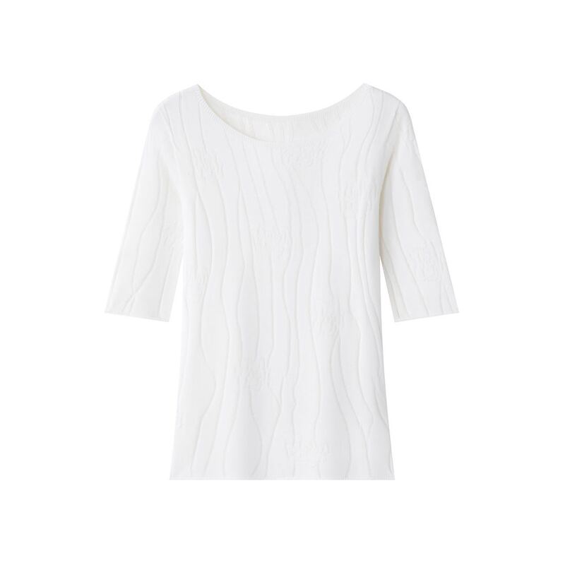 Silk Base Layer Shirt with Elastic Tree-Pattern Texture, Round Neck Short-Sleeve T-Shirt for Women, Versatile and Fashionable Camellia Knit Top