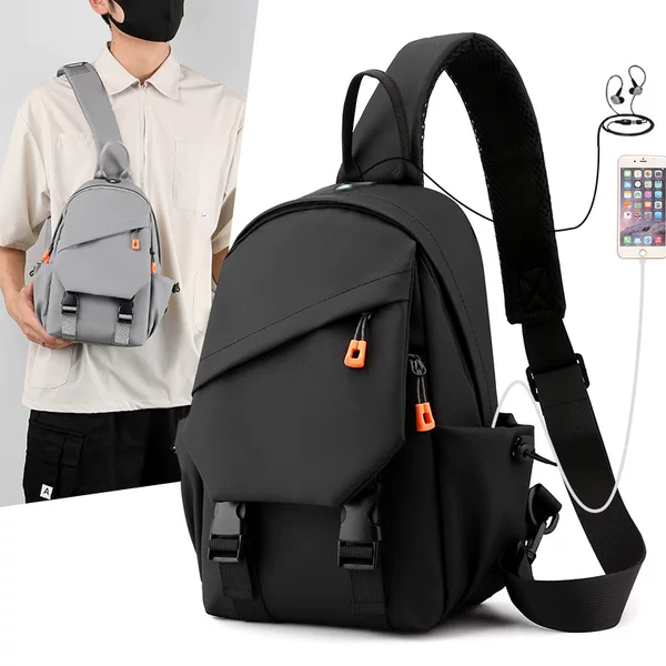 Functional Style Men's Chest Bag, Korean Style Casual Simple Versatile Shoulder Bag, Multi-Functional USB Charging Crossbody Bag