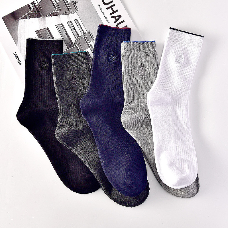 Korean Style Boneless Double Needle Middle Tube Men's Socks Japanese Style Simple Breathable Solid Color Embroidered Office Boss Business Socks