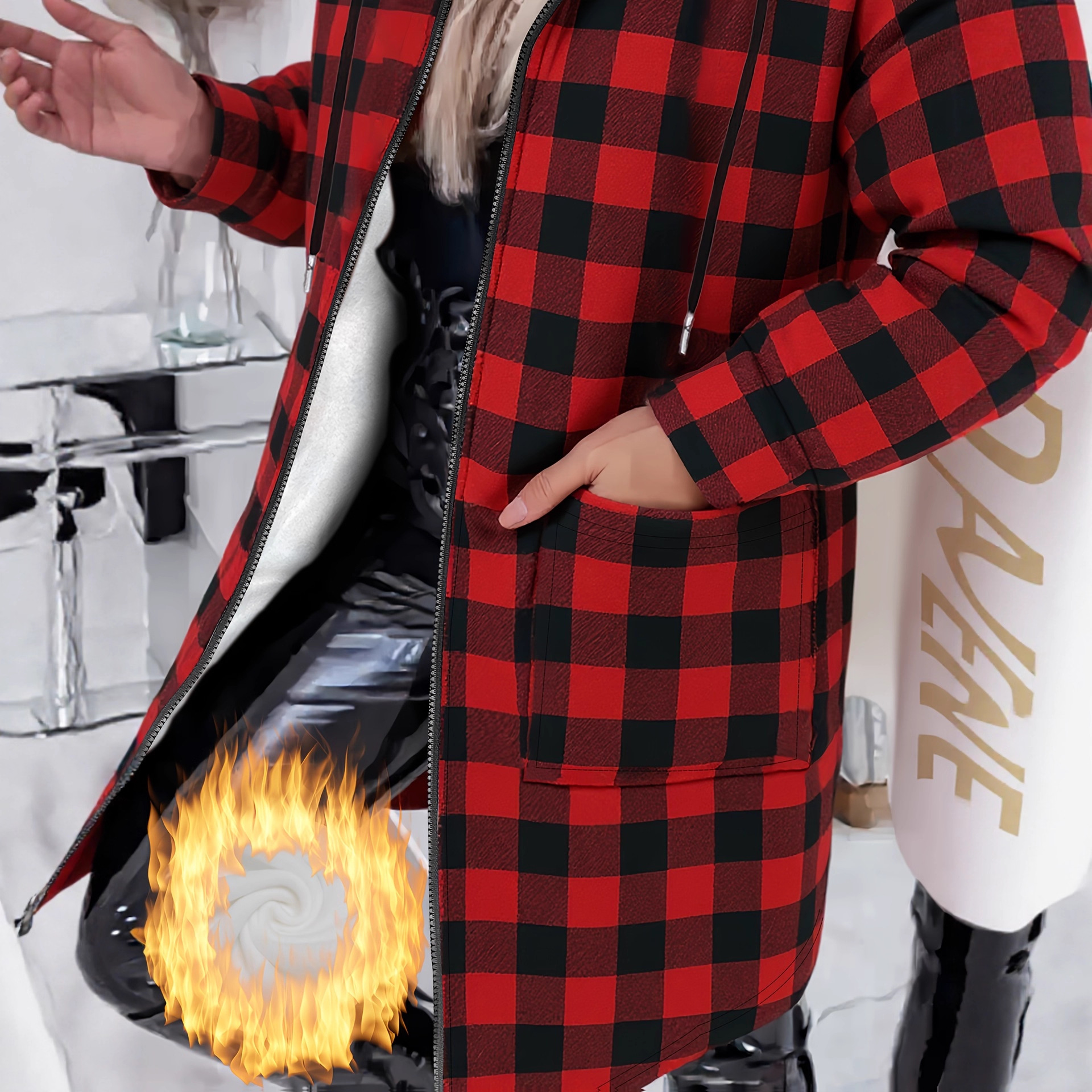 Lång damjacka med huva och fleecefoder i retro stil_voghion.com
