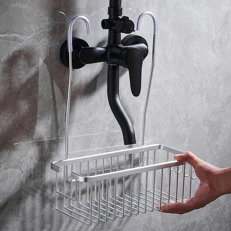 Bathroom Shower Rack with Hanging Basket for Shower Gel, No-Drill Hollow Design Shampoo Storage Rack for Shower Screen and Faucet