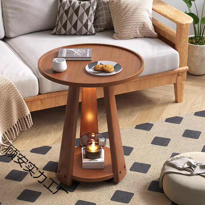 Nordic Simple Sofa Side Table for Living Room Double-Layer Small Round Table Solid Wood Coffee Table Movable Bedroom Small Coffee Table
