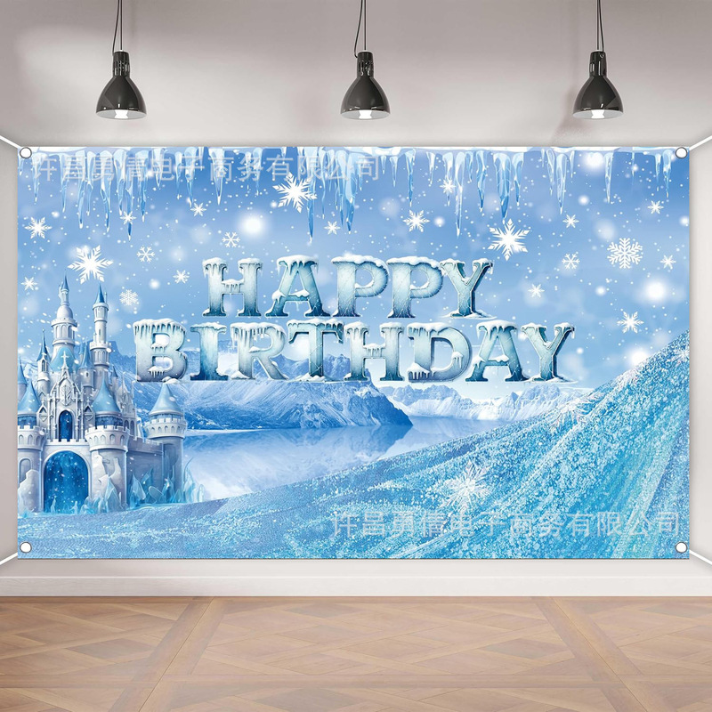 Cross-Border New Hot Selling Ice and Snow Castle Theme Birthday Party Decoration Props Background Photography Photo Banner Hanging Cloth